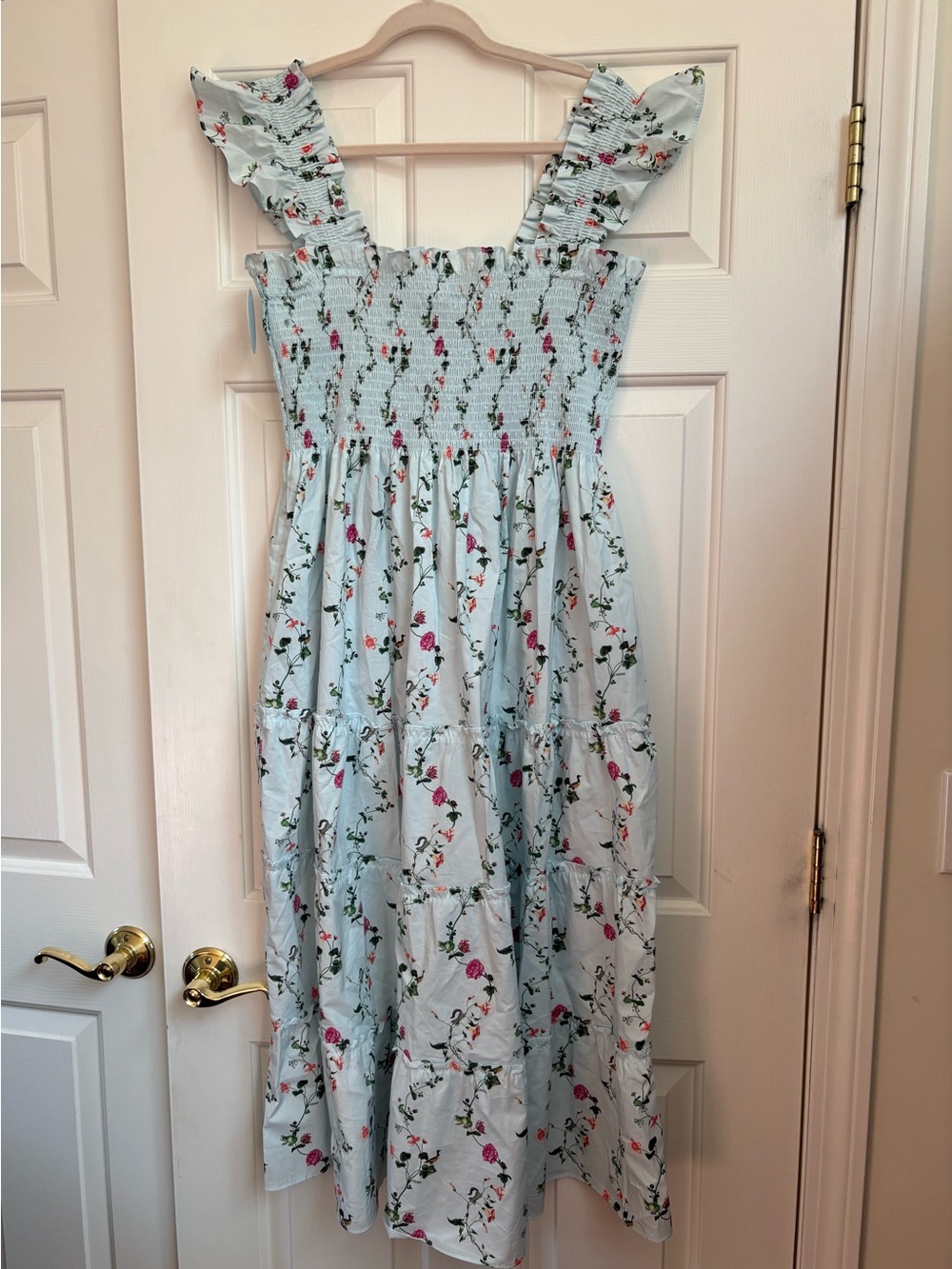 NWT Hill House Light Blue Floral Smocked Sundress with Pink and Green Blooms
